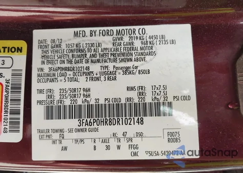 2013 Ford Fusion Se из США, поврежденный, VIN 3FA6P0HR8DR102148